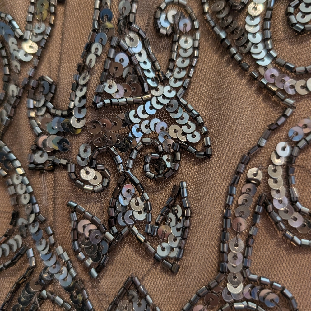 Adrianna Papell Taupe Mesh Midi Silver Sequin Embellishment Dress Size 4 - Picture 9 of 11